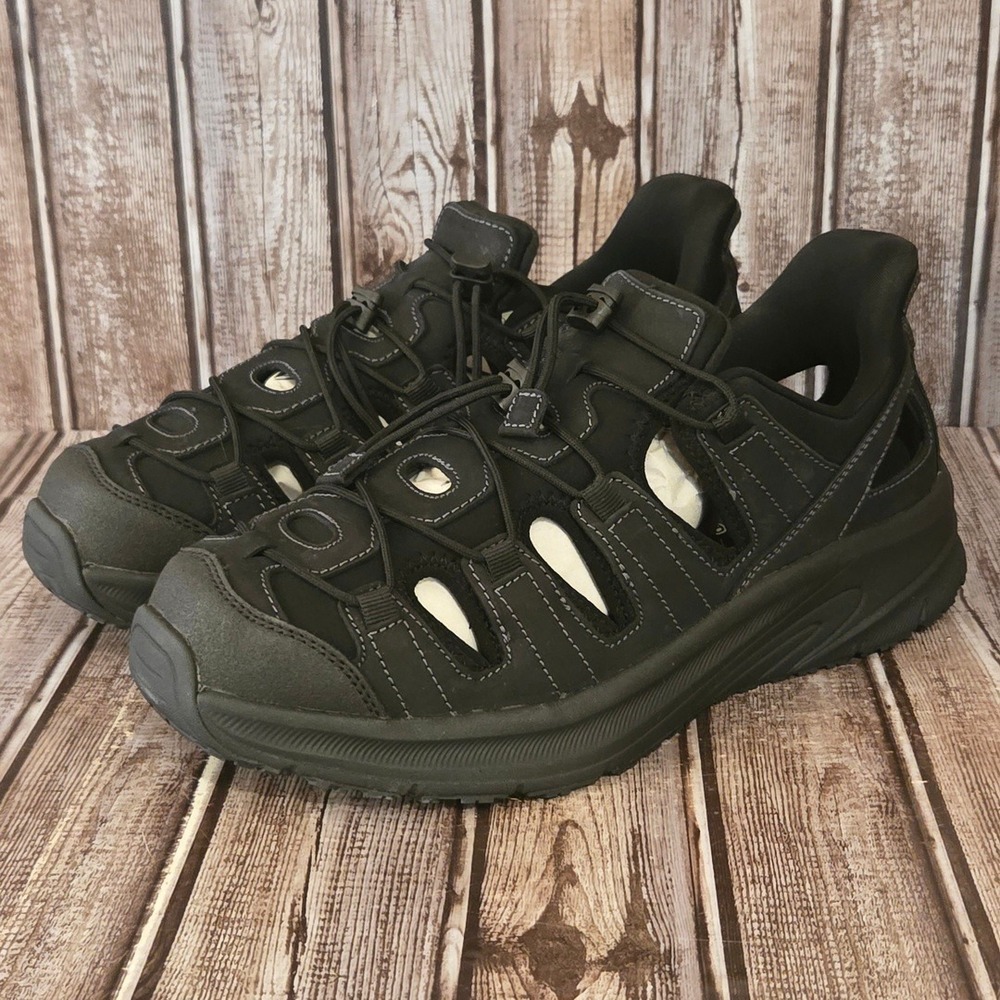 Sz 9.5 D Mens Orthofeet Saturn Black Leather Orthopedic Fisherman Sandals NWOB